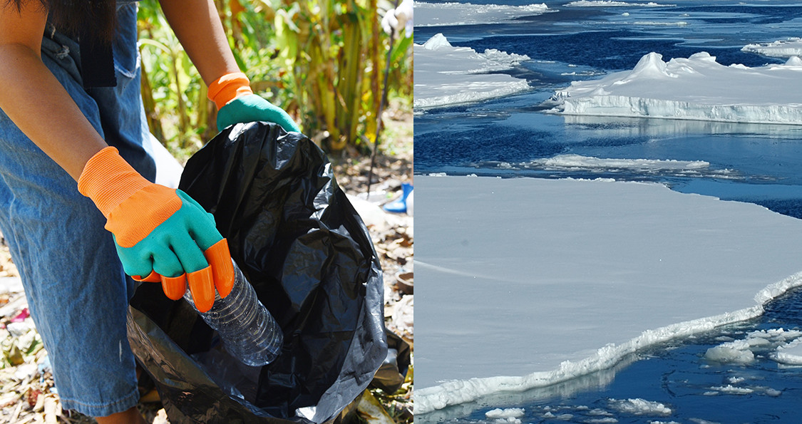 En sida vid sida av någon som plockar upp plastflaskor bredvid polarisar