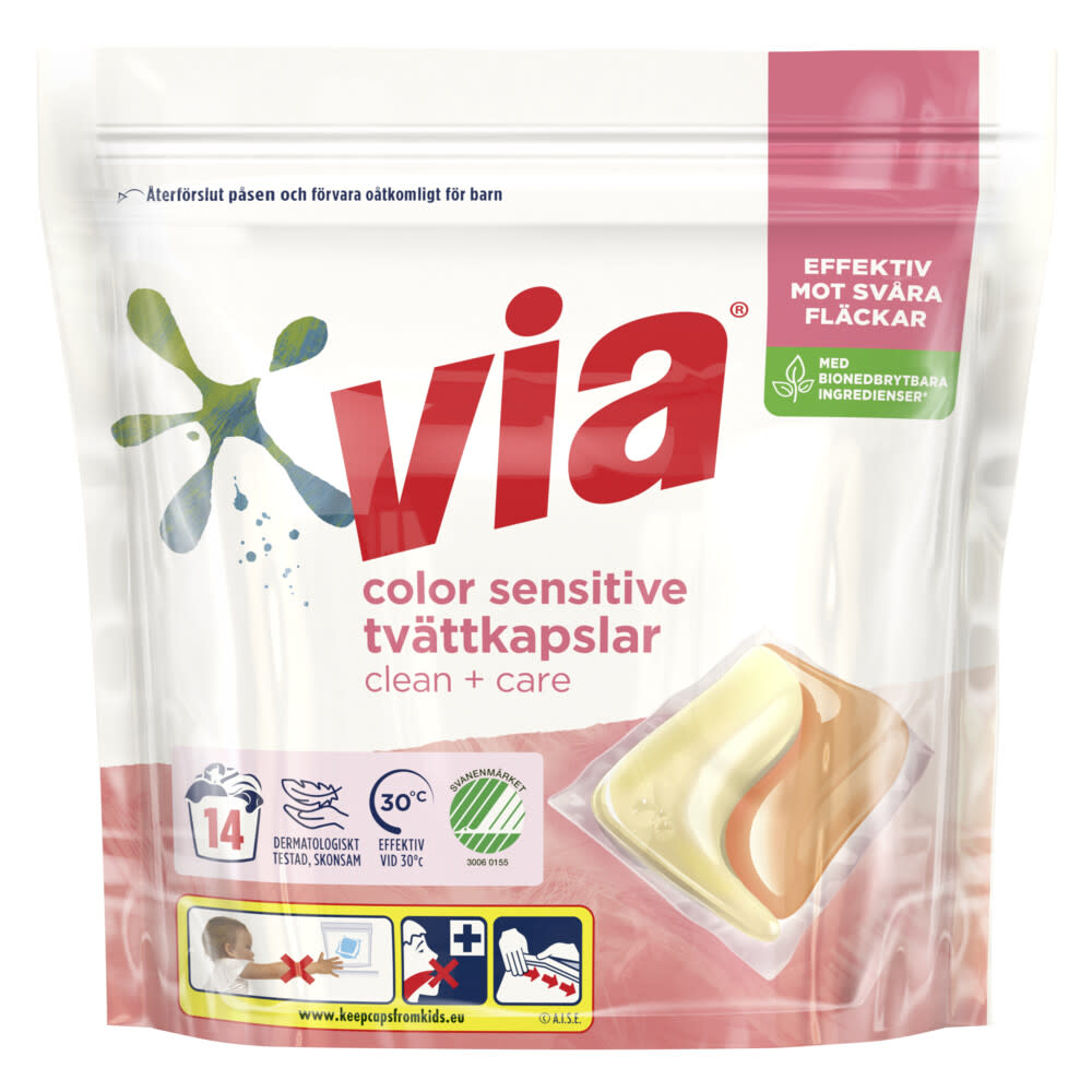 Via Color Sensitive Tvättkapslar Clean+Care pack skott 