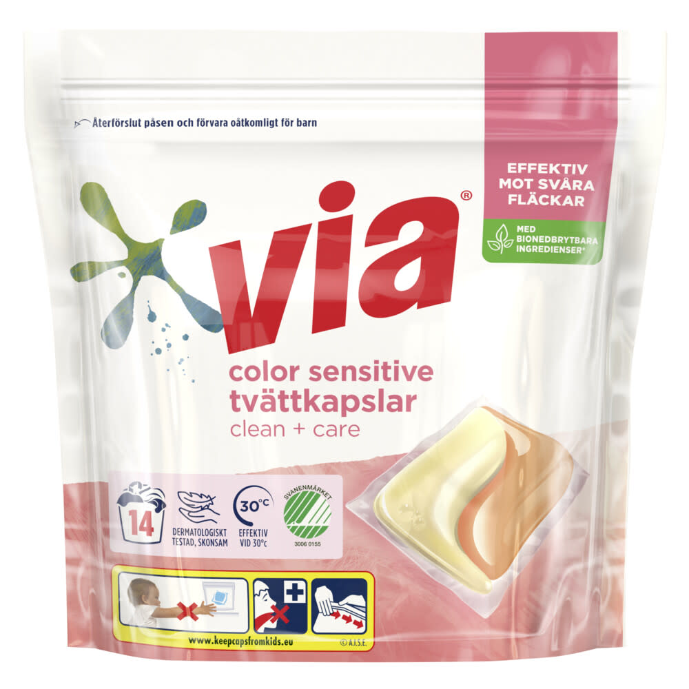 Via Color Sensitive Tvättkapslar Clean+Care pack skott